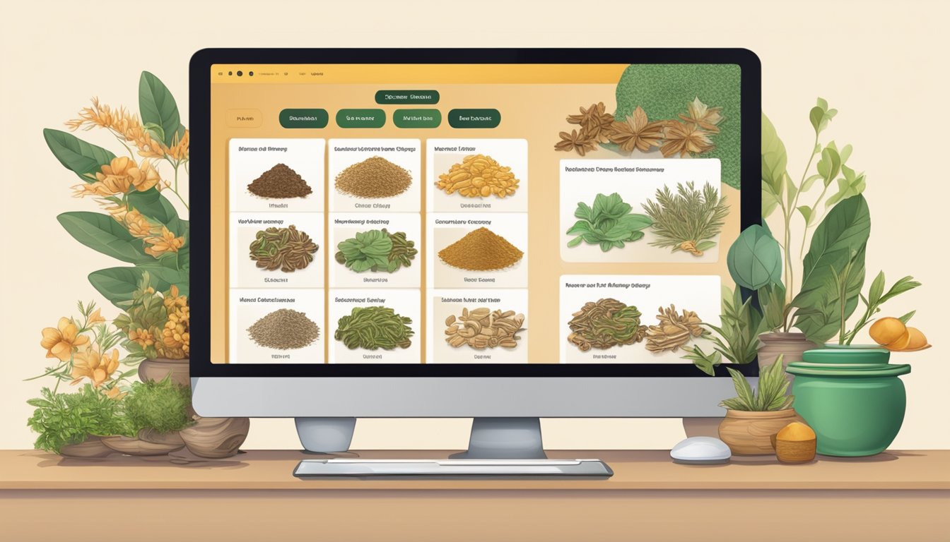 A computer screen displaying a website with various Chinese herbs for sale. A secure payment gateway and customer reviews are visible