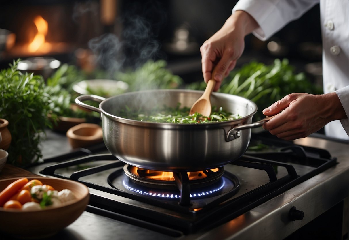 A pot simmers on a stove, filled with aromatic herbs and ingredients for Chinese healing soup. A chef carefully measures and adds ingredients, following a traditional recipe