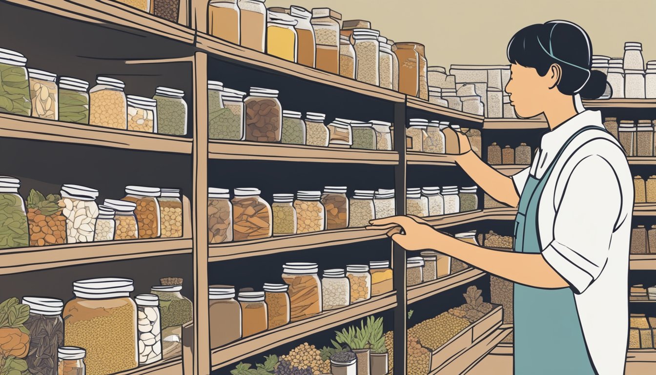 Customers browsing shelves of Chinese herbs, with a helpful staff member answering questions