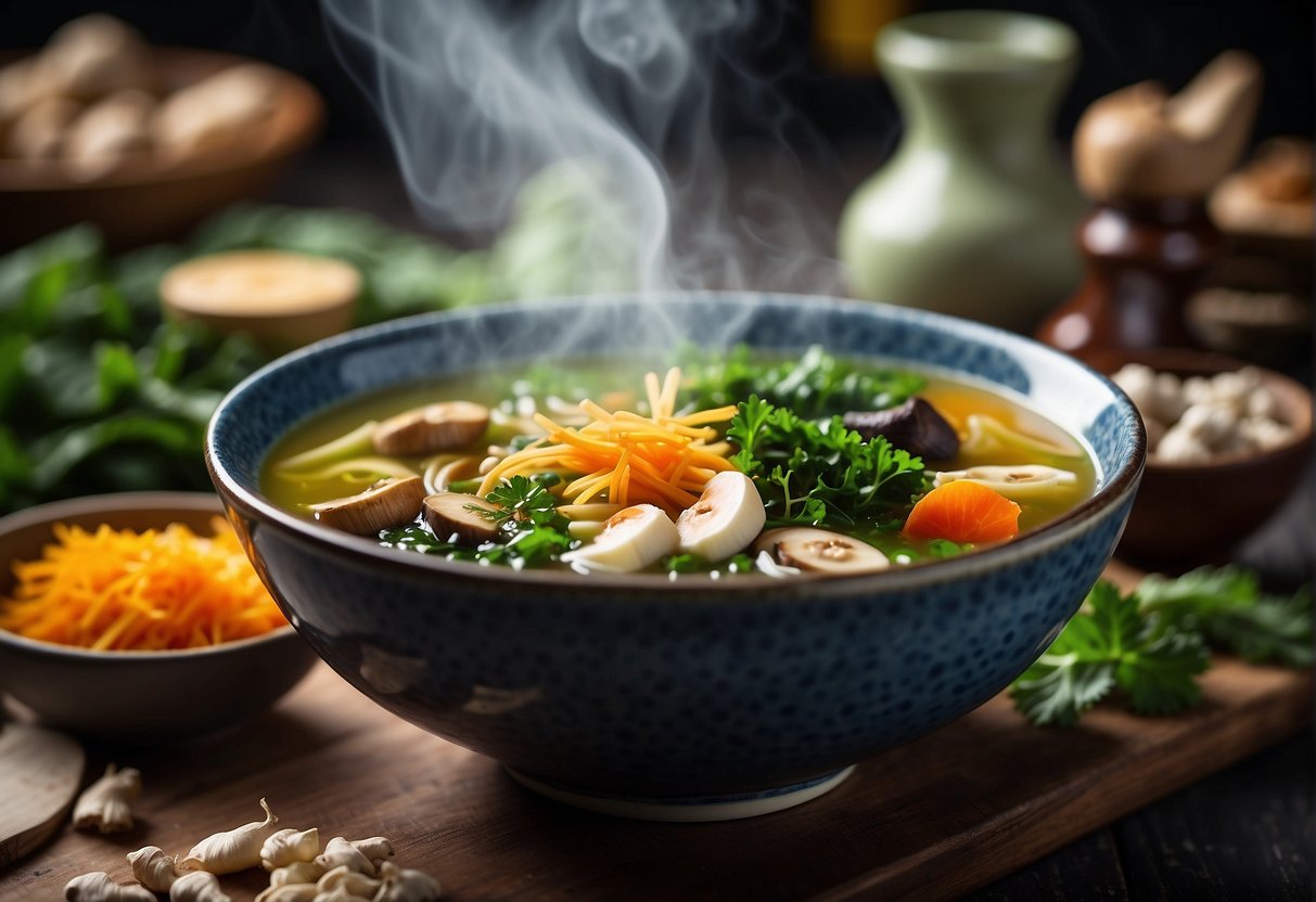 A steaming bowl of Chinese healing soup surrounded by colorful, fresh ingredients like ginger, mushrooms, and leafy greens, with a list of nutritional information and health benefits displayed nearby