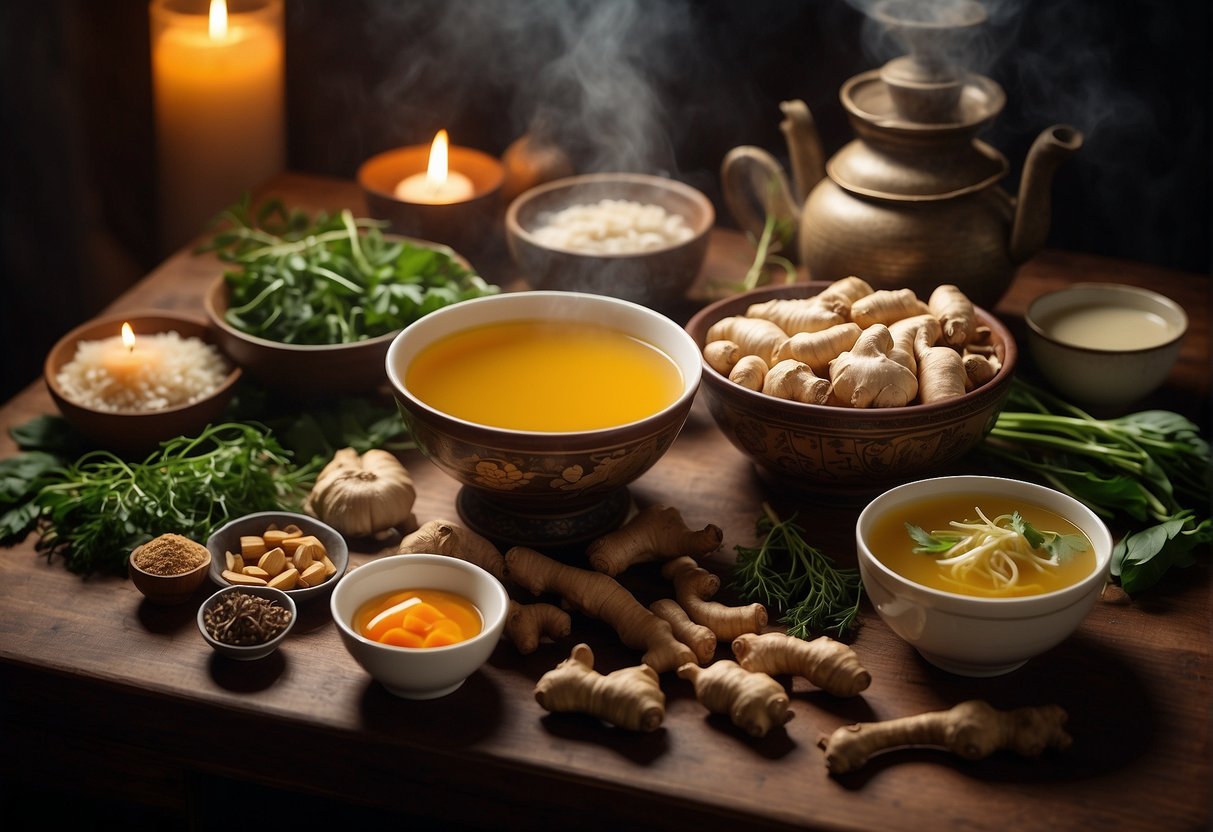 A table with various ingredients like ginger, ginseng, and herbs, along with a pot and ladle, surrounded by recipe books and a steaming bowl of Chinese healing soup