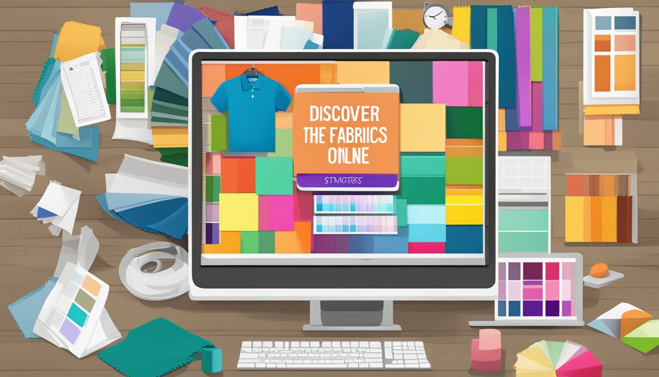 A computer screen displaying a variety of colorful fabric swatches with the words "Discover the Best Fabrics Online" in bold lettering
