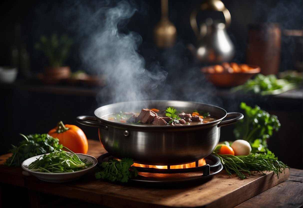 A steaming pot of Chinese herbal beef soup simmers on a stove, filled with chunks of tender beef, vibrant green herbs, and earthy root vegetables