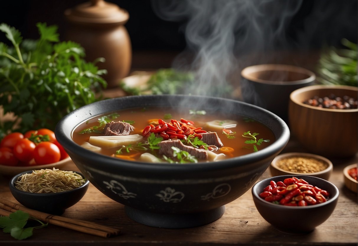 A steaming pot of Chinese herbal beef soup with ingredients like goji berries, ginseng, and tender beef chunks, surrounded by fresh herbs and spices