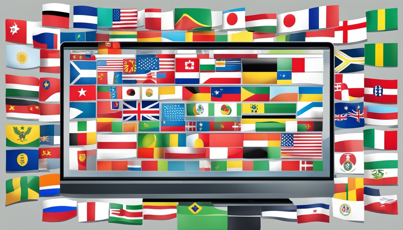 A computer screen showing a website with various country flags available for purchase. A cursor hovers over the "add to cart" button