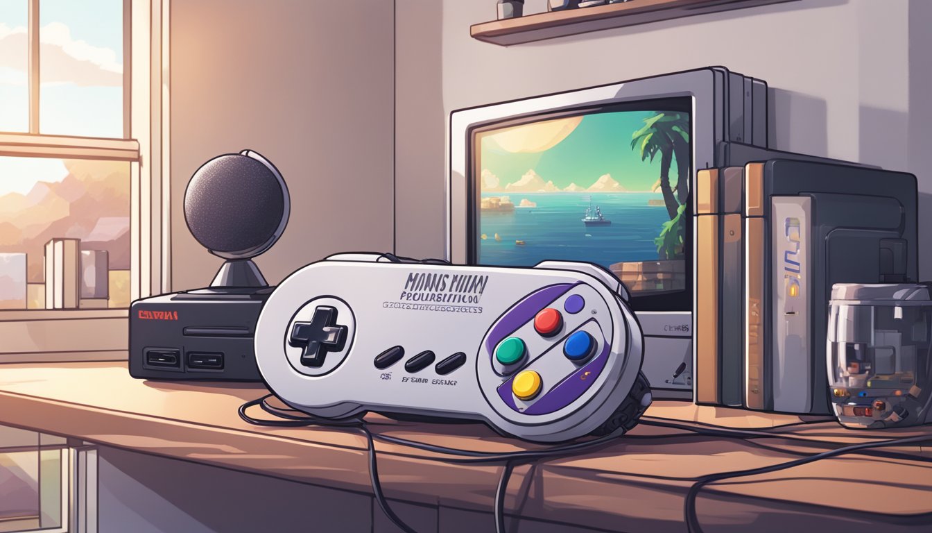 The SNES Classic Mini sits on a clean, modern shelf, surrounded by other gaming accessories. The room is well-lit, with natural light streaming in from a nearby window
