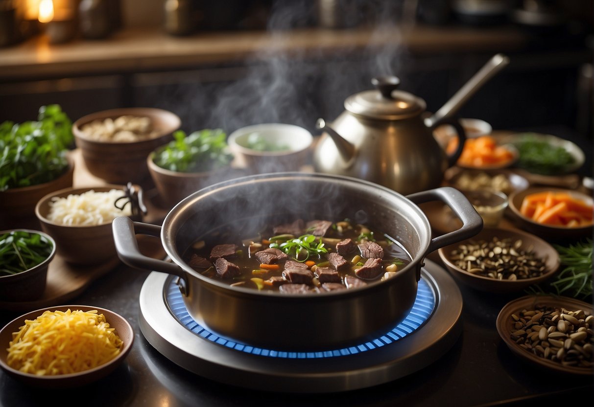 A pot simmers on a stove, filled with Chinese herbs and beef, emitting a fragrant aroma. Ingredients surround the pot, ready to be added to the bubbling broth