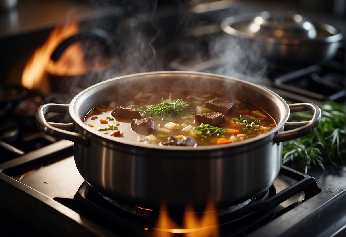 A pot simmers on a stove, filled with Chinese herbs and chunks of beef. Steam rises as the ingredients meld together, creating a fragrant and hearty soup