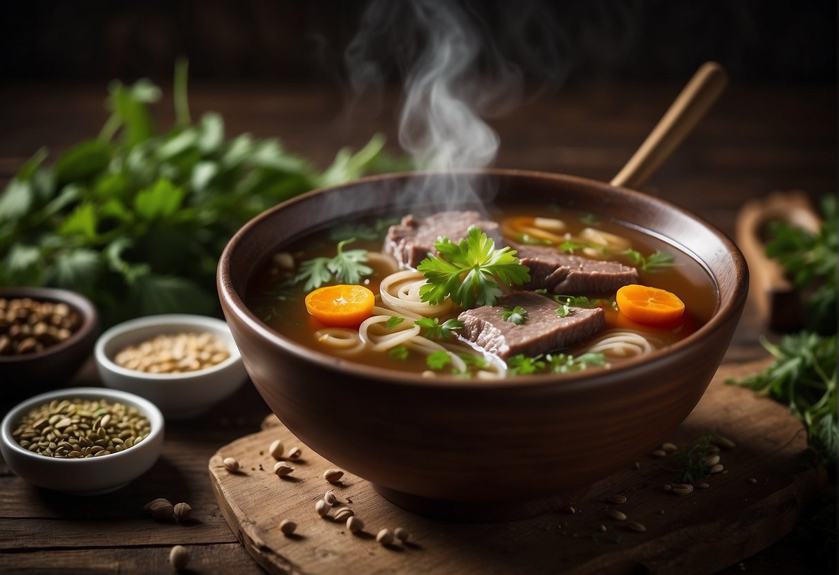 A steaming bowl of Chinese herbal beef soup sits on a rustic wooden table, surrounded by fresh herbs and spices. A spoon rests on the side, ready to be used