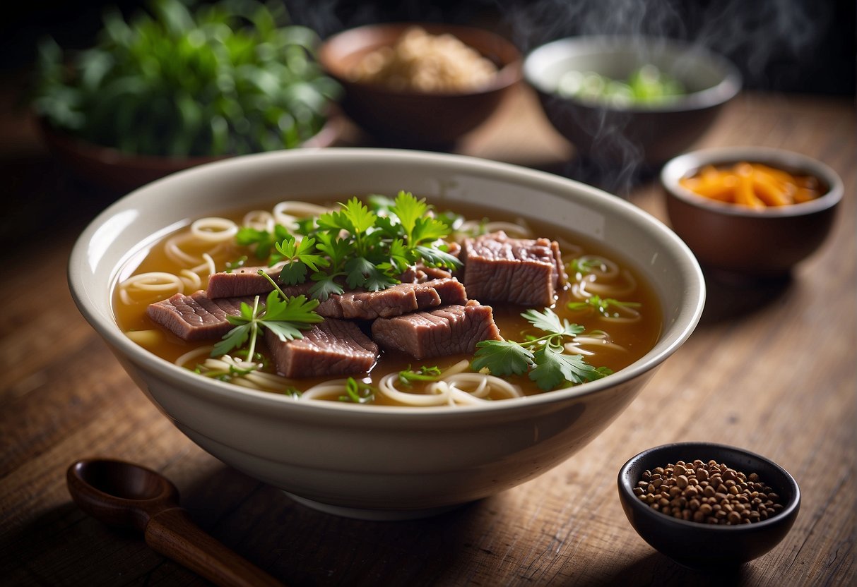 A bowl of steaming Chinese herbal beef soup being carefully garnished with fresh herbs and spices