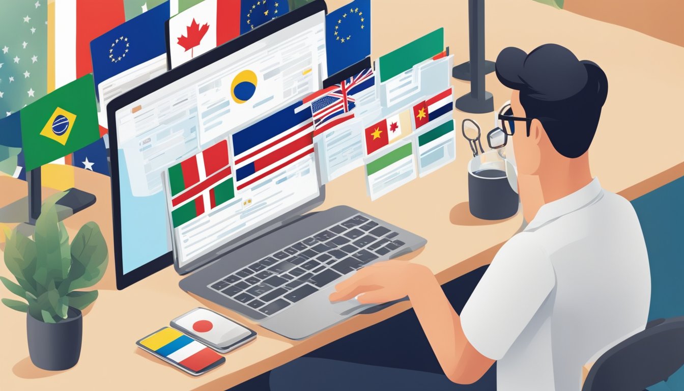 A person browsing a website, clicking on a flag to purchase, with various country flags displayed in the background