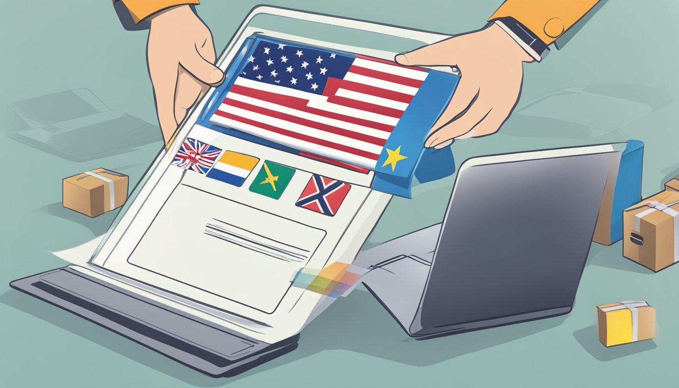 A hand clicks "add to cart" for country flags. A shipping label is printed