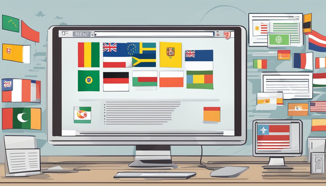 A computer screen displaying a webpage with a list of country flags, a "FAQ" section, and a "buy now" button