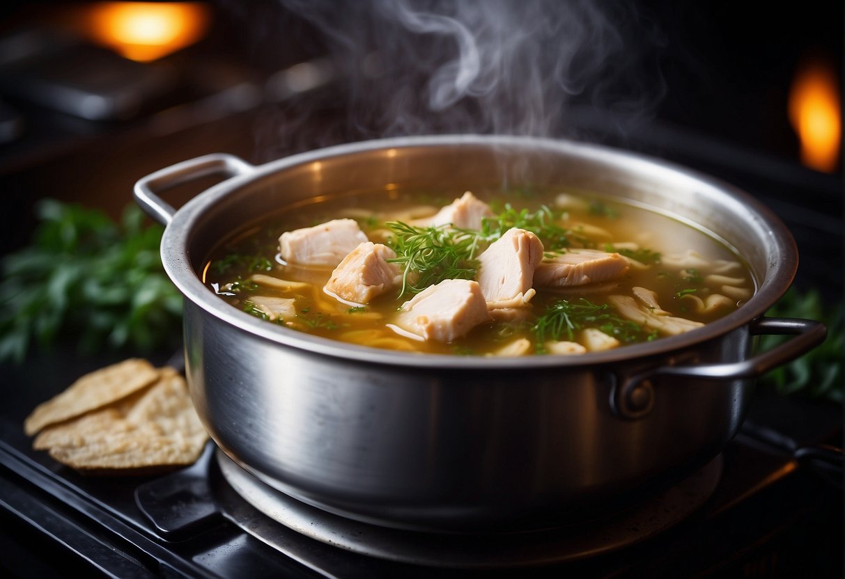 A steaming pot of Chinese herbal chicken soup simmers on a stove, filled with fragrant herbs, tender chicken pieces, and rich broth