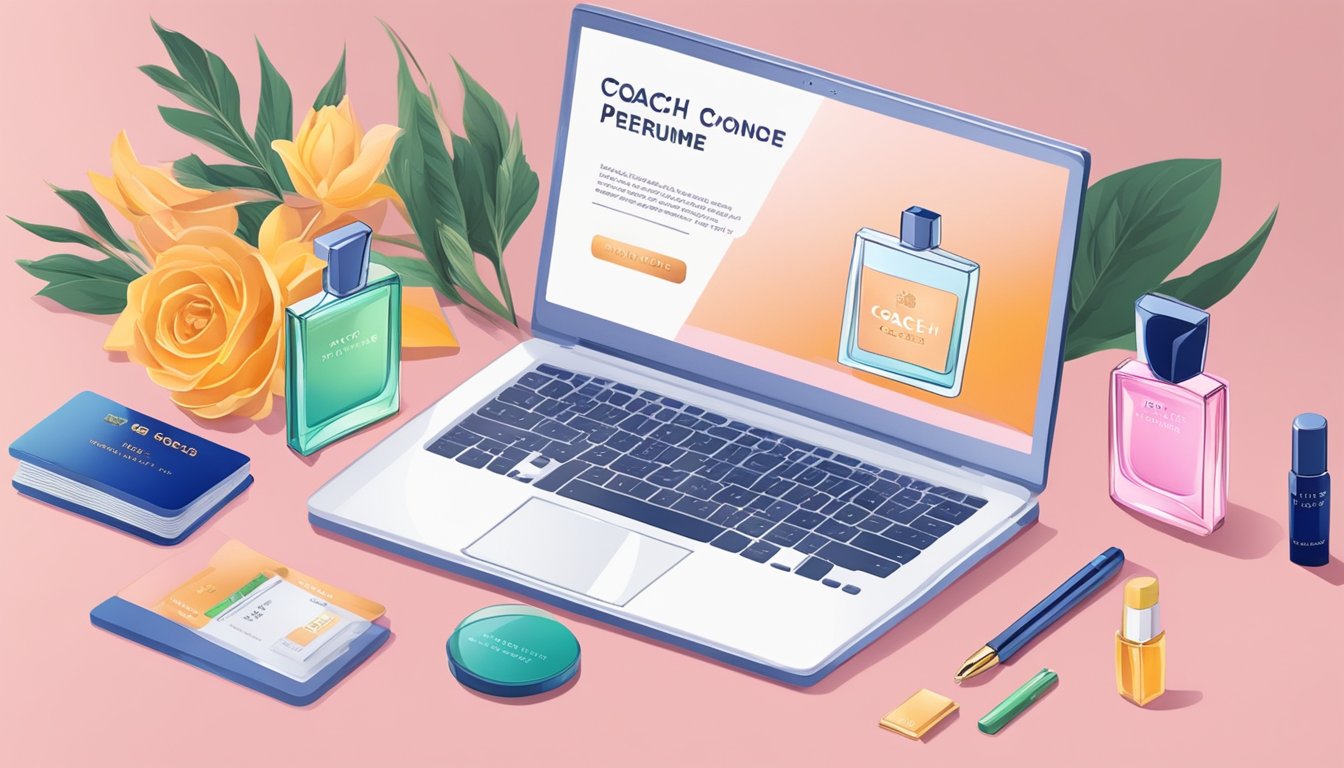 A laptop displaying a website with the option to "buy Coach perfume online." A credit card and a bottle of perfume nearby