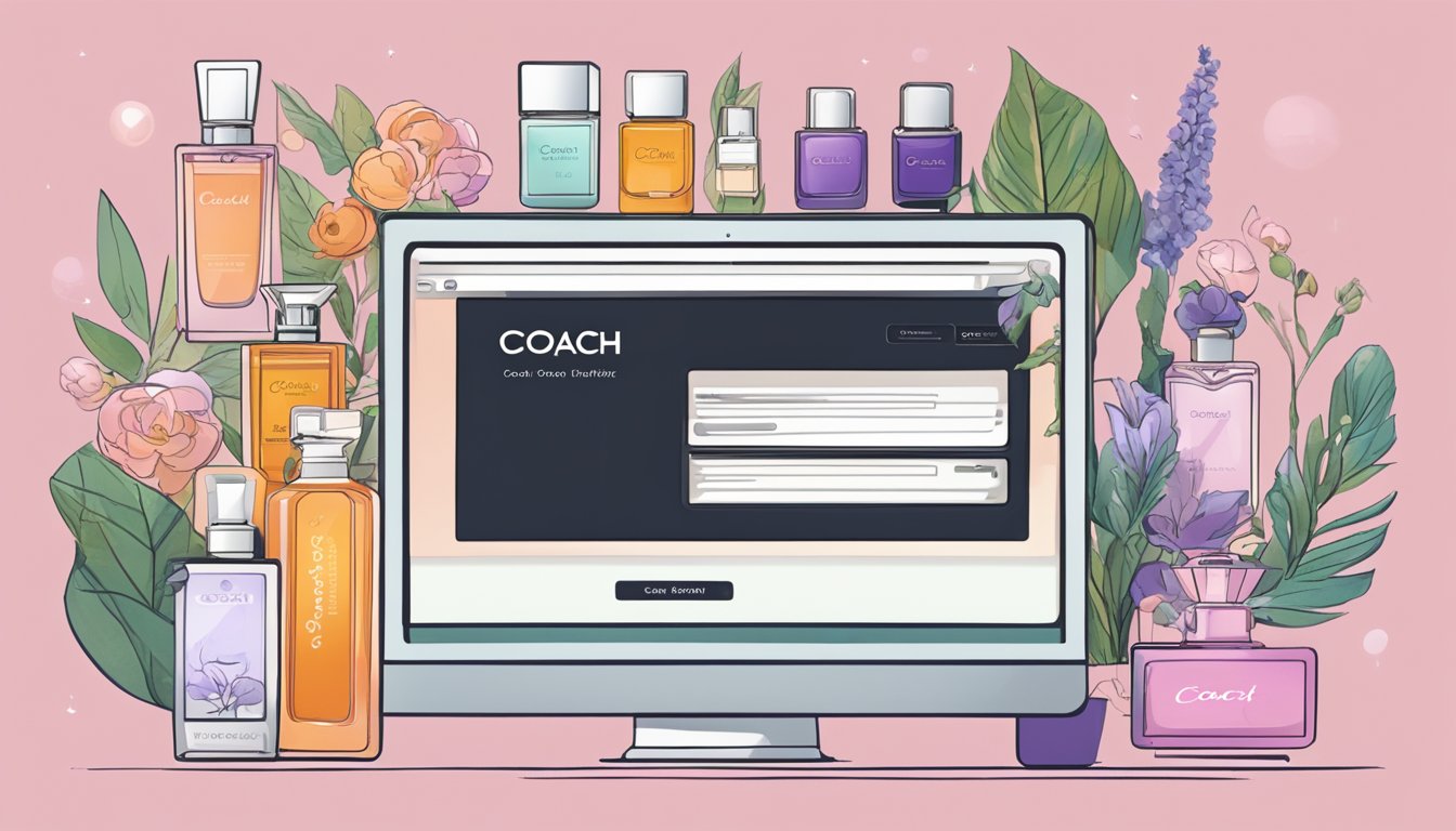 A computer screen displaying a website with a variety of Coach perfume options. A cursor hovers over the "Add to Cart" button