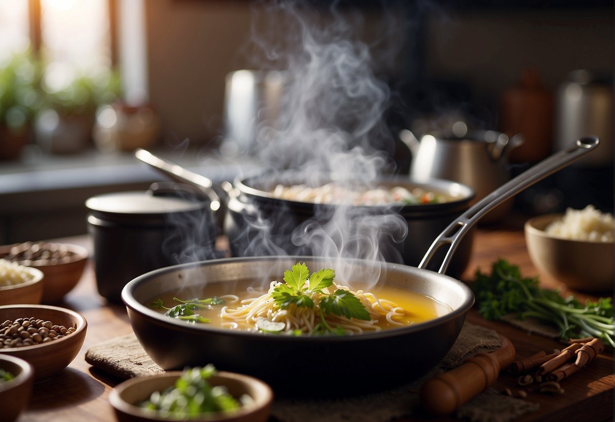 Chinese herbs simmer in a pot of chicken broth. Steam rises as the soup cooks on a stovetop. Ingredients surround the pot on a wooden surface