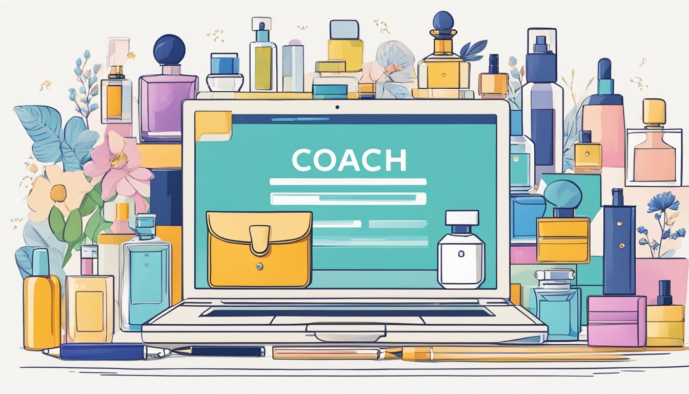 A laptop displaying a website with the title "Frequently Asked Questions buy coach perfume online" surrounded by various perfume bottles and a credit card