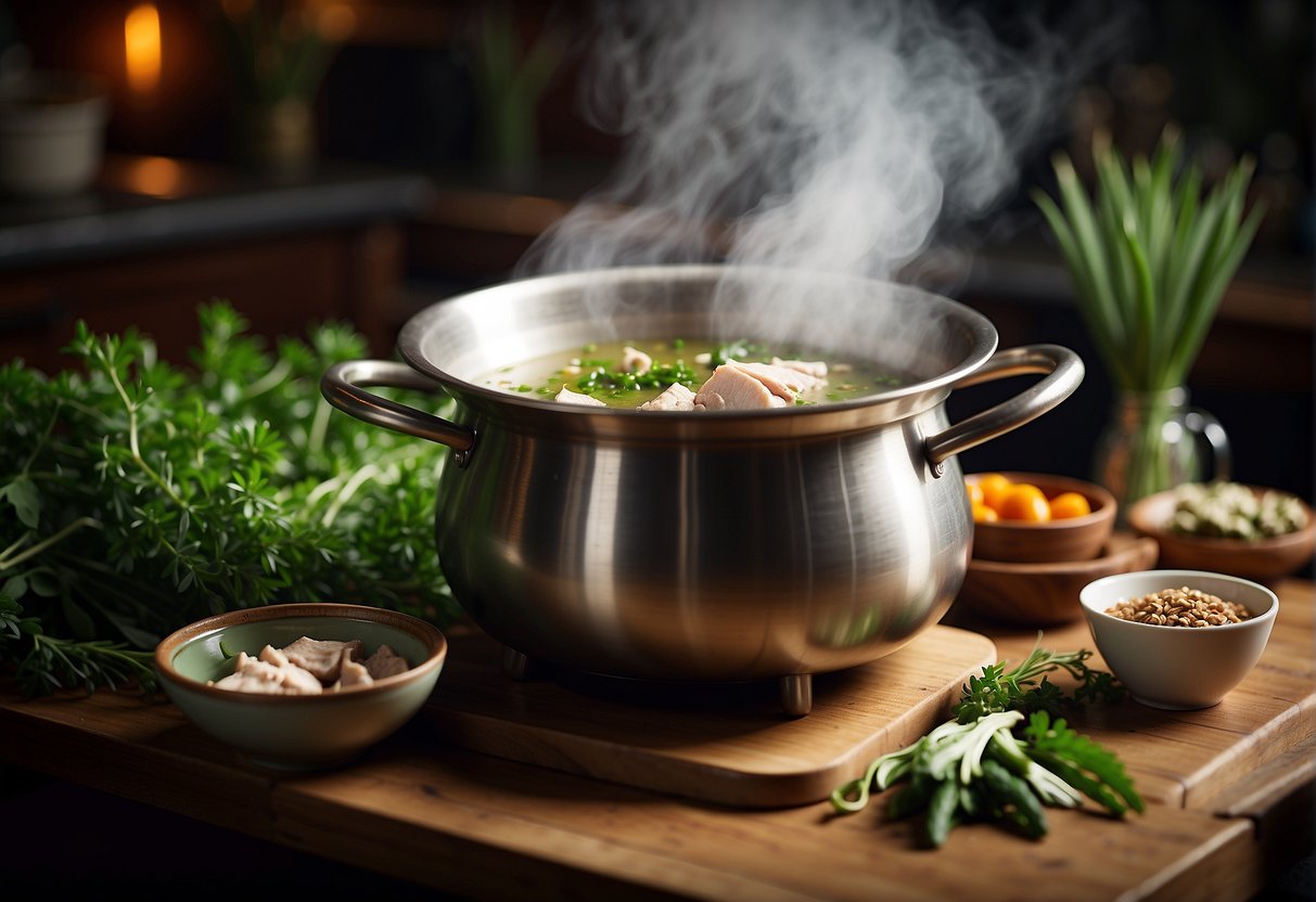 A steaming pot of Chinese herbal chicken soup surrounded by fresh herbs and ingredients on a wooden kitchen counter