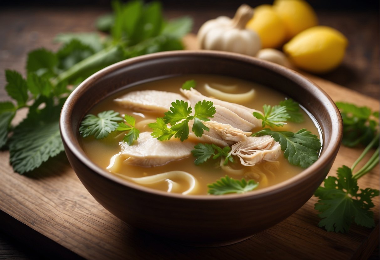 A steaming bowl of Chinese herbal chicken soup sits on a wooden table, surrounded by vibrant green herbs and sliced ginger