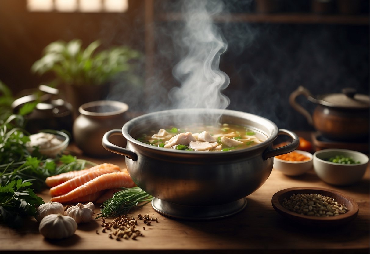 A steaming pot of Chinese herbal chicken soup surrounded by various herbs and ingredients on a rustic kitchen counter