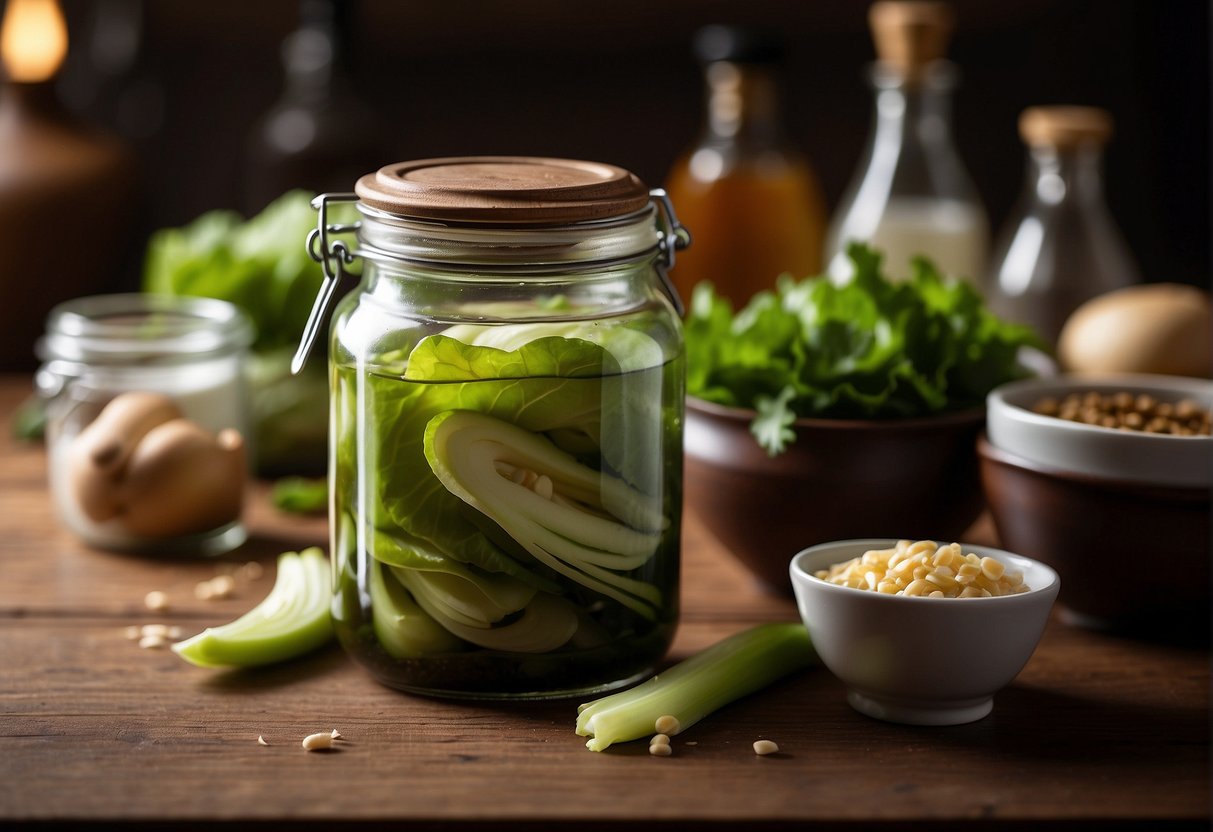 A jar of pickled lettuce sits on a wooden table, surrounded by traditional Chinese cooking ingredients like soy sauce, ginger, and garlic
