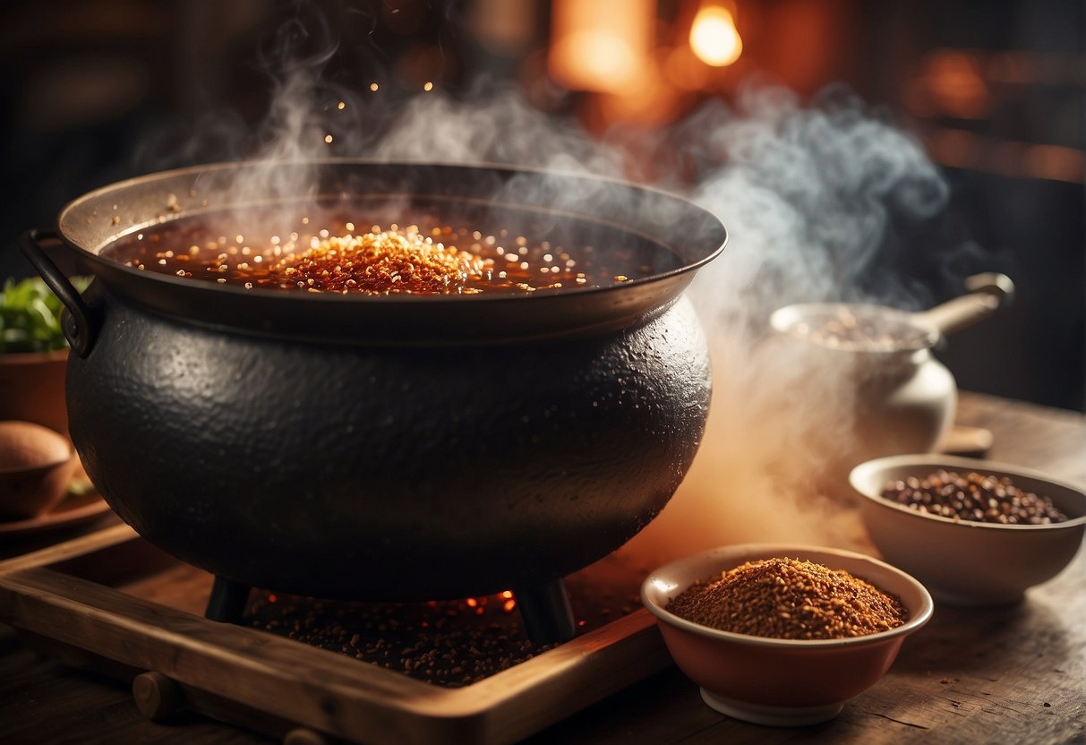 A large cauldron bubbles with a mixture of pig blood, soy sauce, and spices, emitting a rich, savory aroma in a traditional Chinese kitchen