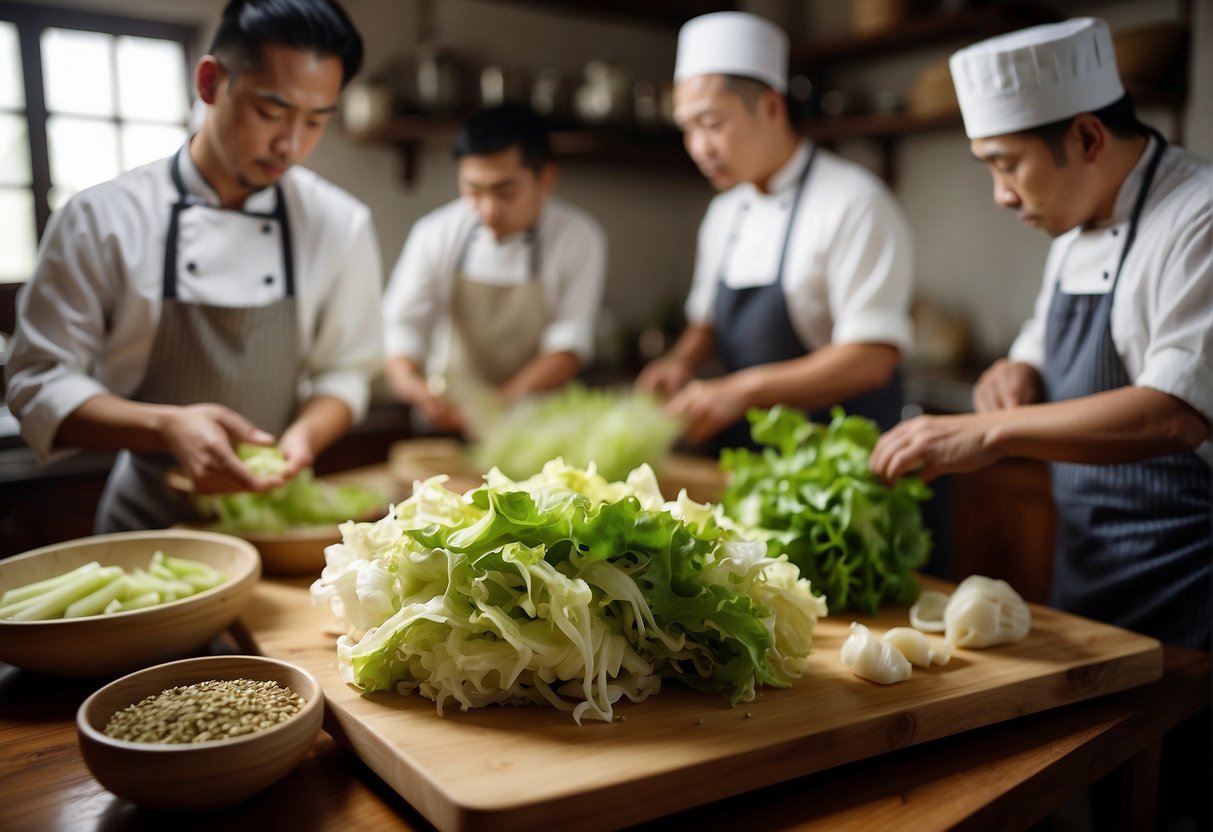 A group of Chinese chefs prepare pickled lettuce in a traditional kitchen. Ingredients and utensils are laid out on wooden tables
