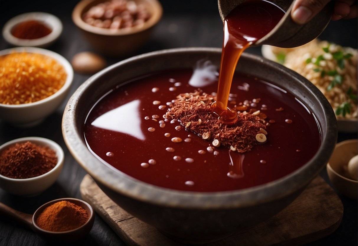 Pig blood being poured into a large bowl, alongside various Chinese ingredients for a traditional pig blood recipe