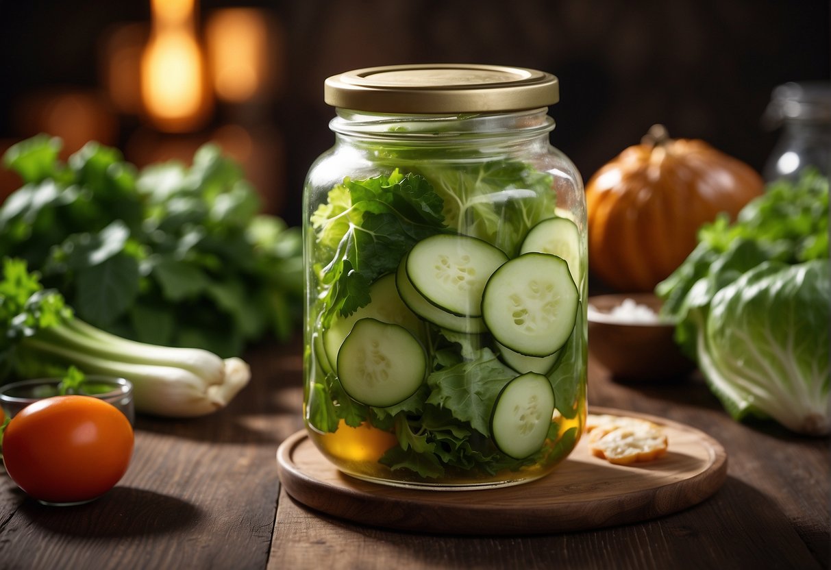A jar of pickled lettuce sits on a wooden table, surrounded by Chinese cooking ingredients. Green leaves float in a tangy, aromatic brine
