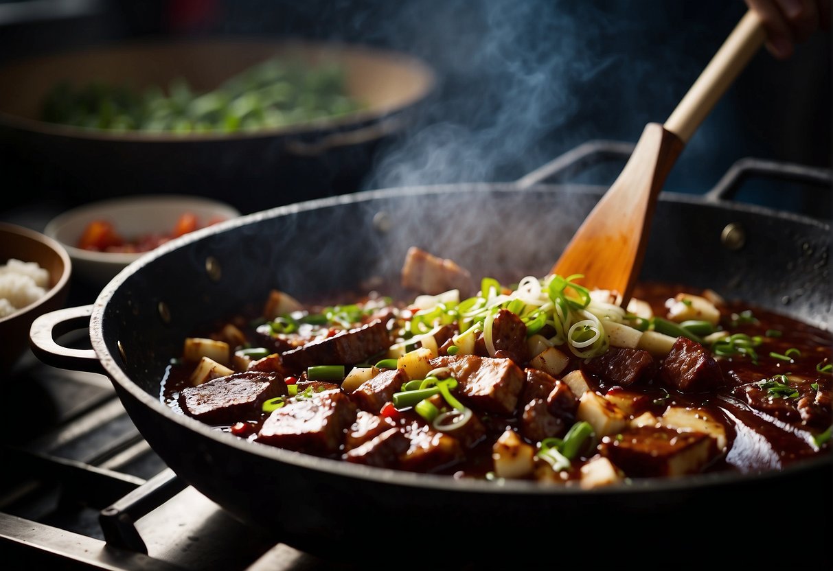 A sizzling wok cooks up a vibrant mix of pig blood, tofu, and scallions, creating a savory Chinese delicacy
