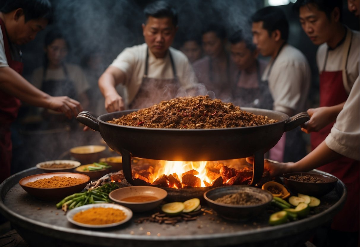 A large pot boils on a fire, filled with pig blood, ginger, and spices. A group of Chinese cooks gather around, each adding their own unique twist to the traditional recipe
