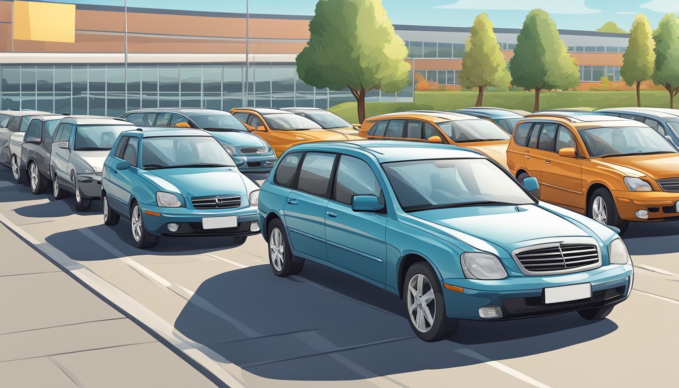 A row of shiny, well-maintained second-hand cars sits on the dealer's lot, each with a price tag and a list of features