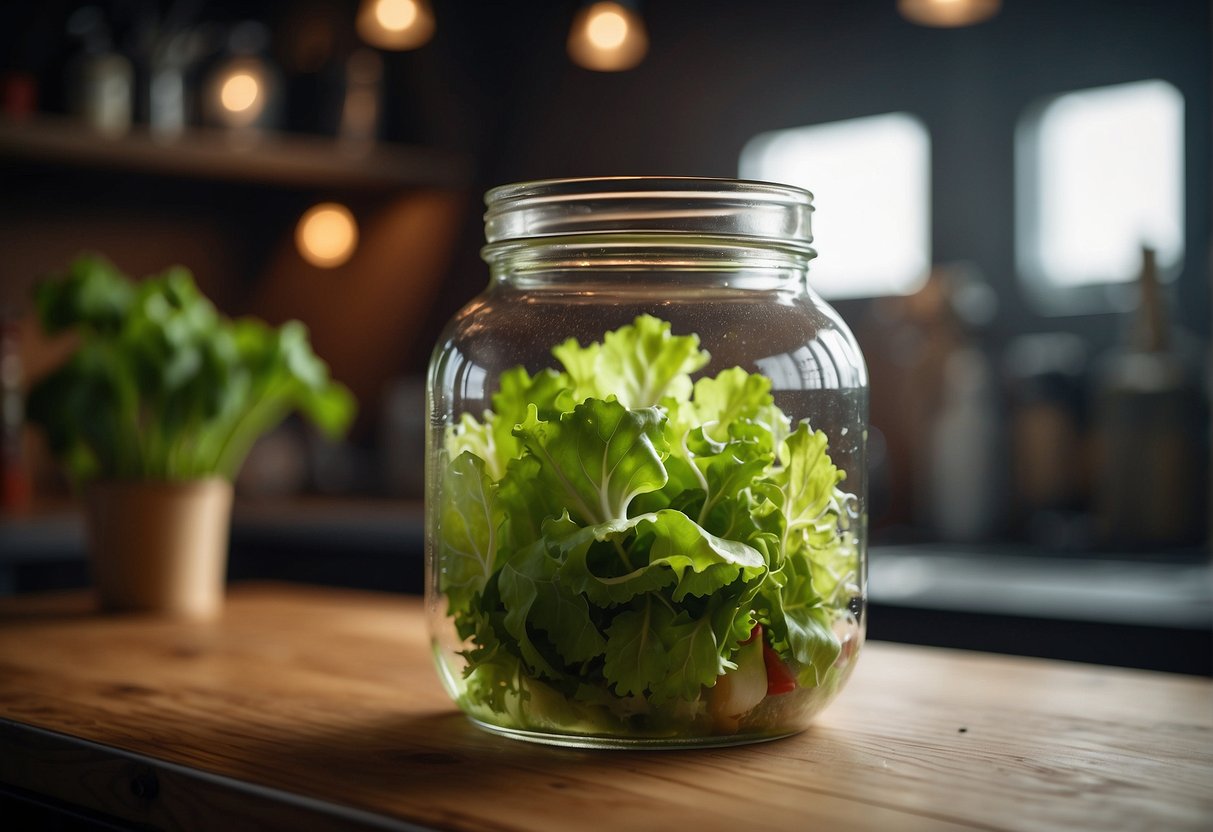 Fresh lettuce submerged in a mixture of vinegar, sugar, and salt in a glass jar. A small amount of garlic and red chili peppers are added for flavor