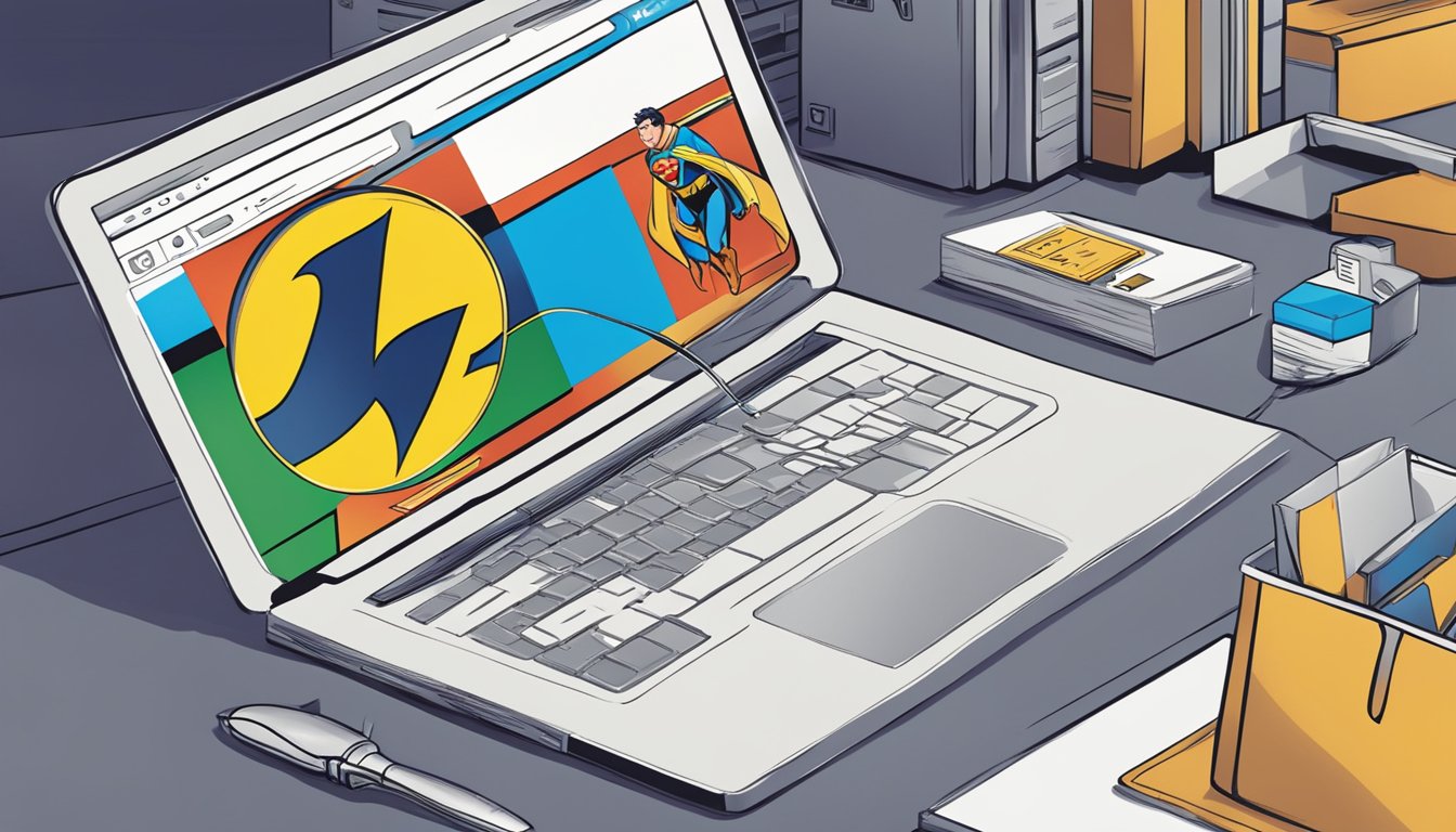 A computer screen displaying the DC Comics website with a cursor clicking on the "buy" button