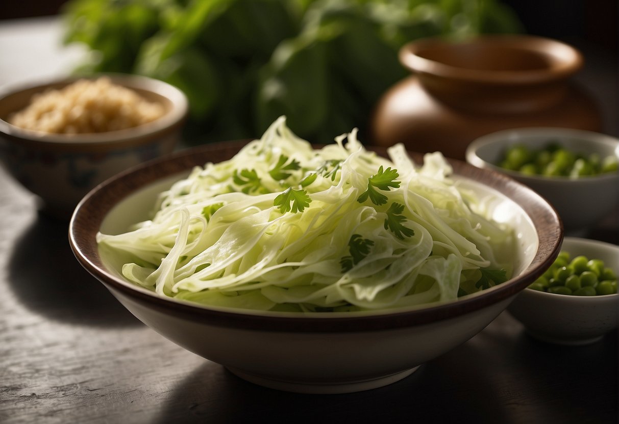 A plate of pickled lettuce sits next to a bowl of Chinese recipe, ready to be served