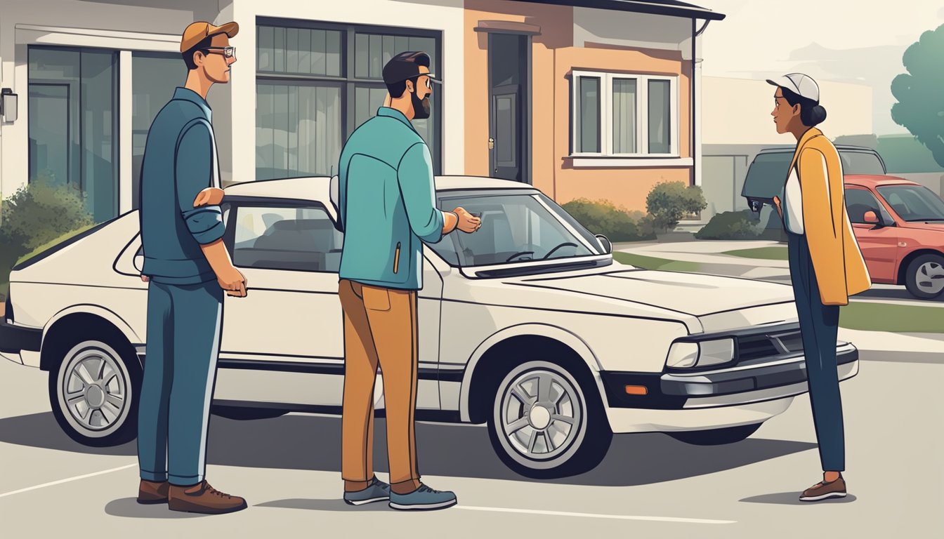 A customer inspecting a well-maintained second-hand car with a satisfied seller handing over the keys