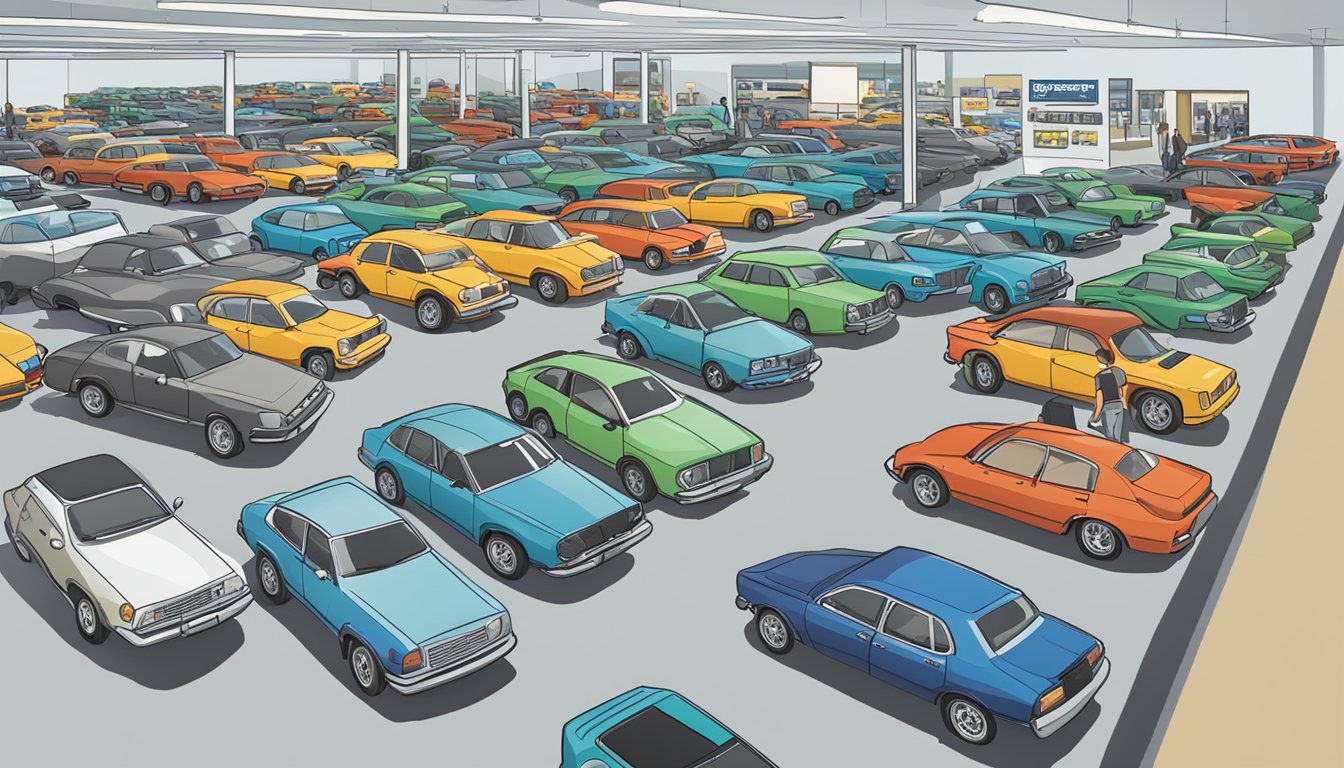 A bustling car dealership with rows of well-maintained 2nd hand cars, a sign reading "Frequently Asked Questions" above a display of top picks