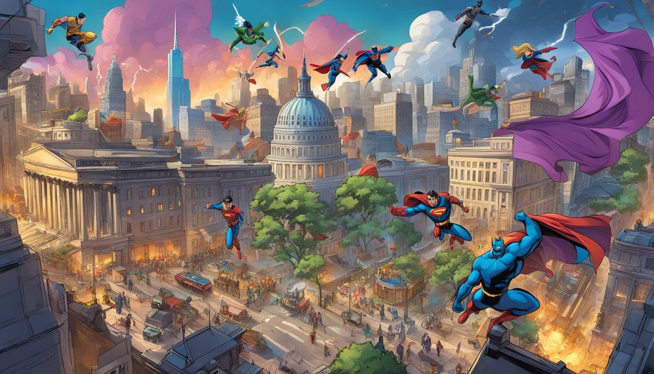 A vibrant cityscape with iconic DC Comics landmarks, bustling with superheroes and villains engaged in epic battles