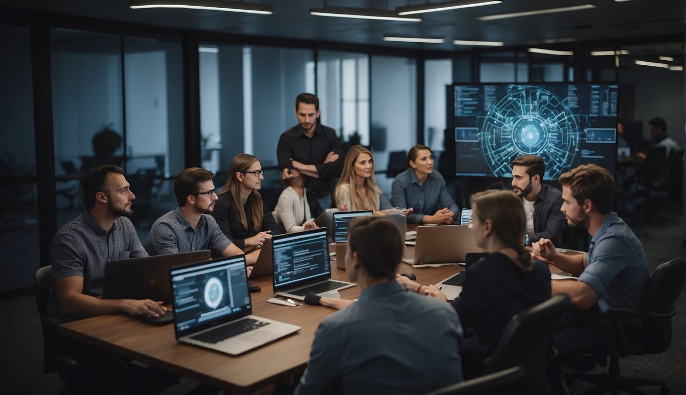 A group of people engage in cybersecurity training and discussions, surrounded by educational resources and technology