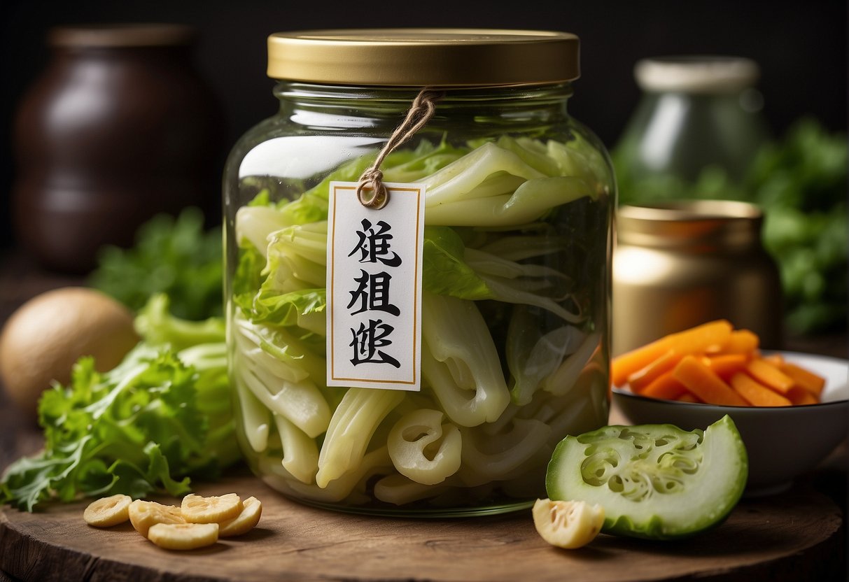 A jar of pickled lettuce with Chinese characters, surrounded by ingredients and nutritional facts label