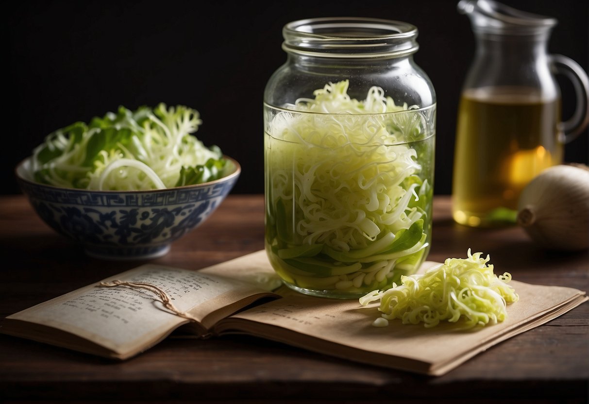 A jar of pickled lettuce sits next to a Chinese recipe book, with a bowl of ingredients and chopsticks nearby