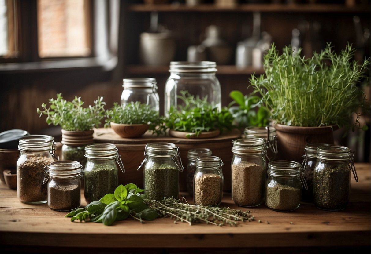 A table filled with various herbs, roots, and plants, with labeled jars and recipe books, surrounded by mortar and pestles and brewing equipment