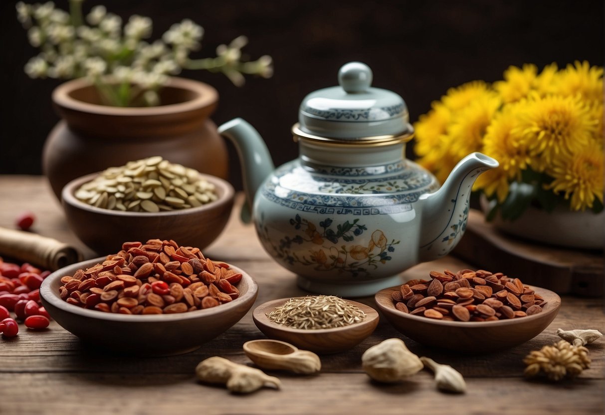 A variety of Chinese herbs and ingredients are laid out on a wooden table, including ginseng, goji berries, and chrysanthemum flowers. Mortar and pestle, tea strainer, and teapot are ready for use