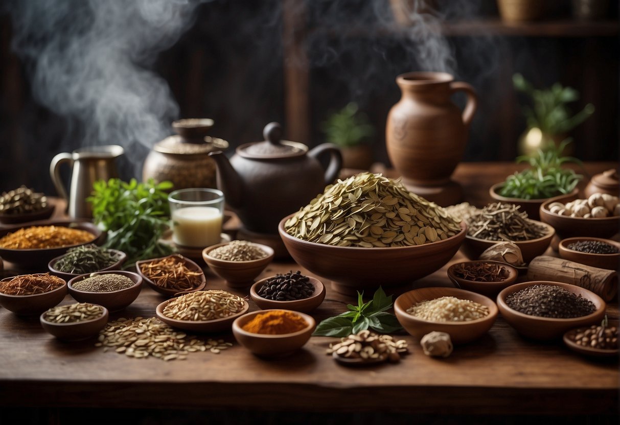 A table filled with various Chinese herbs and ingredients, with a steaming pot brewing a traditional herbal drink. Labels indicate dietary restrictions and health considerations