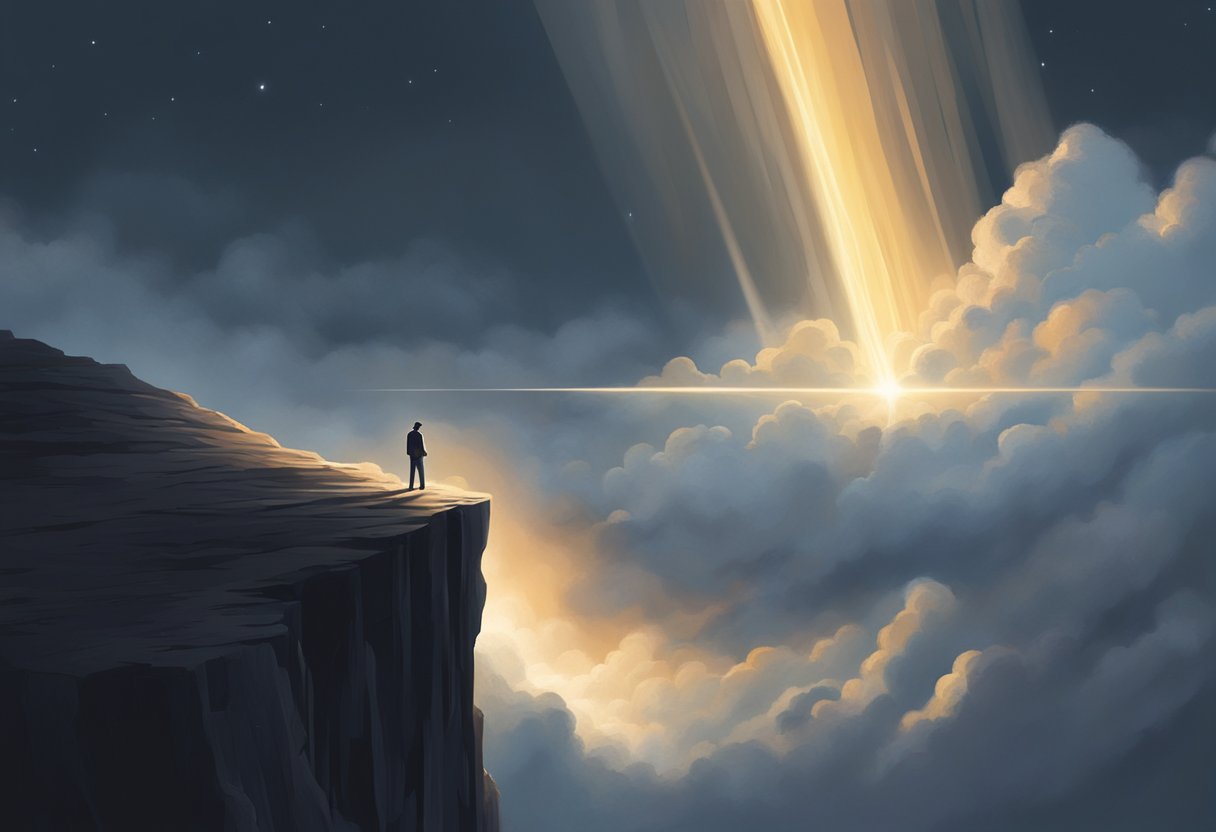 A figure stands at the edge of a vast, dark chasm, looking up at a beam of light breaking through the clouds above