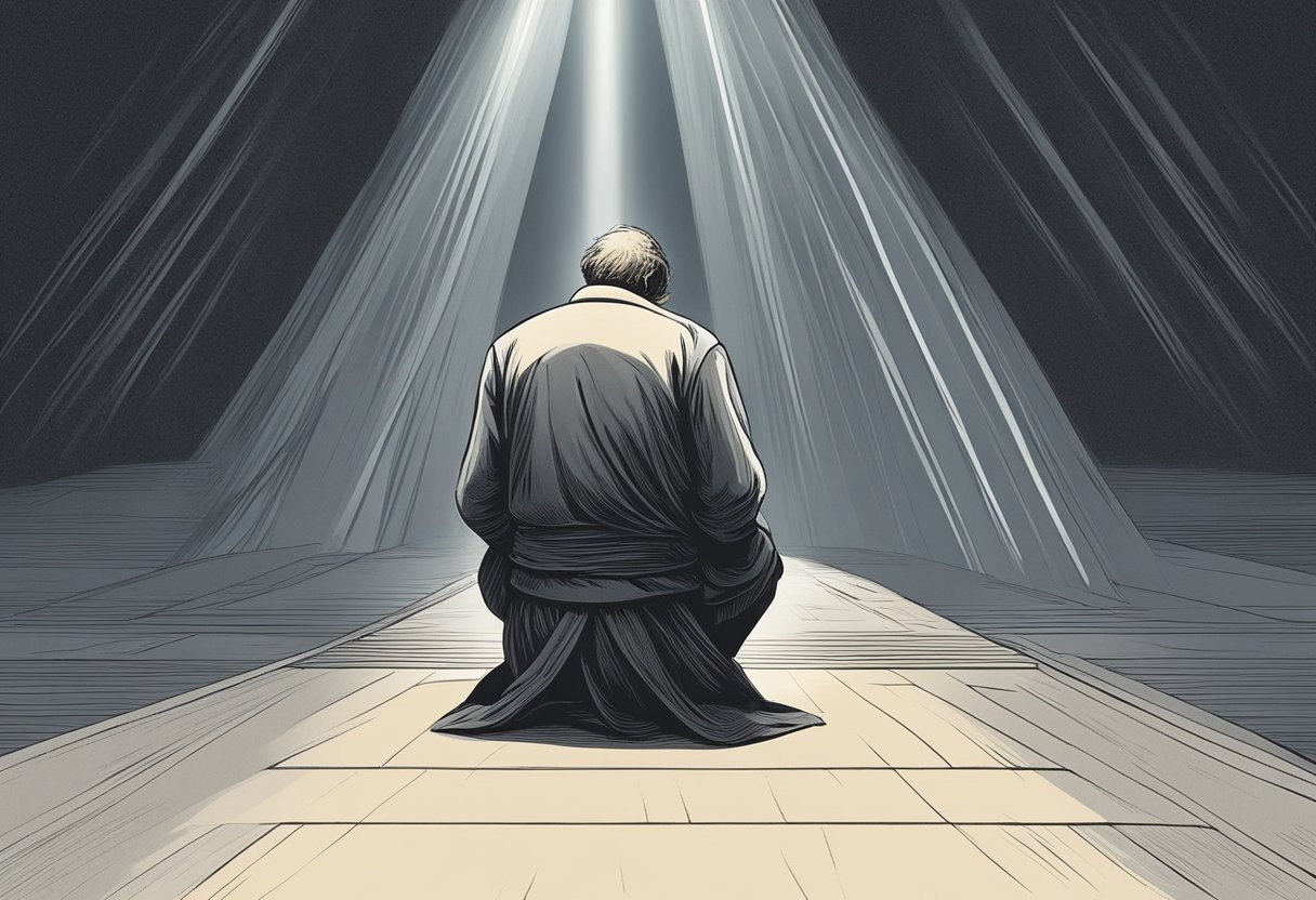 A figure kneels in a beam of light, surrounded by darkness. Their head is bowed, hands clasped in prayer. A sense of determination and hope emanates from their posture, as if they are seeking breakthrough in overcoming obstacles