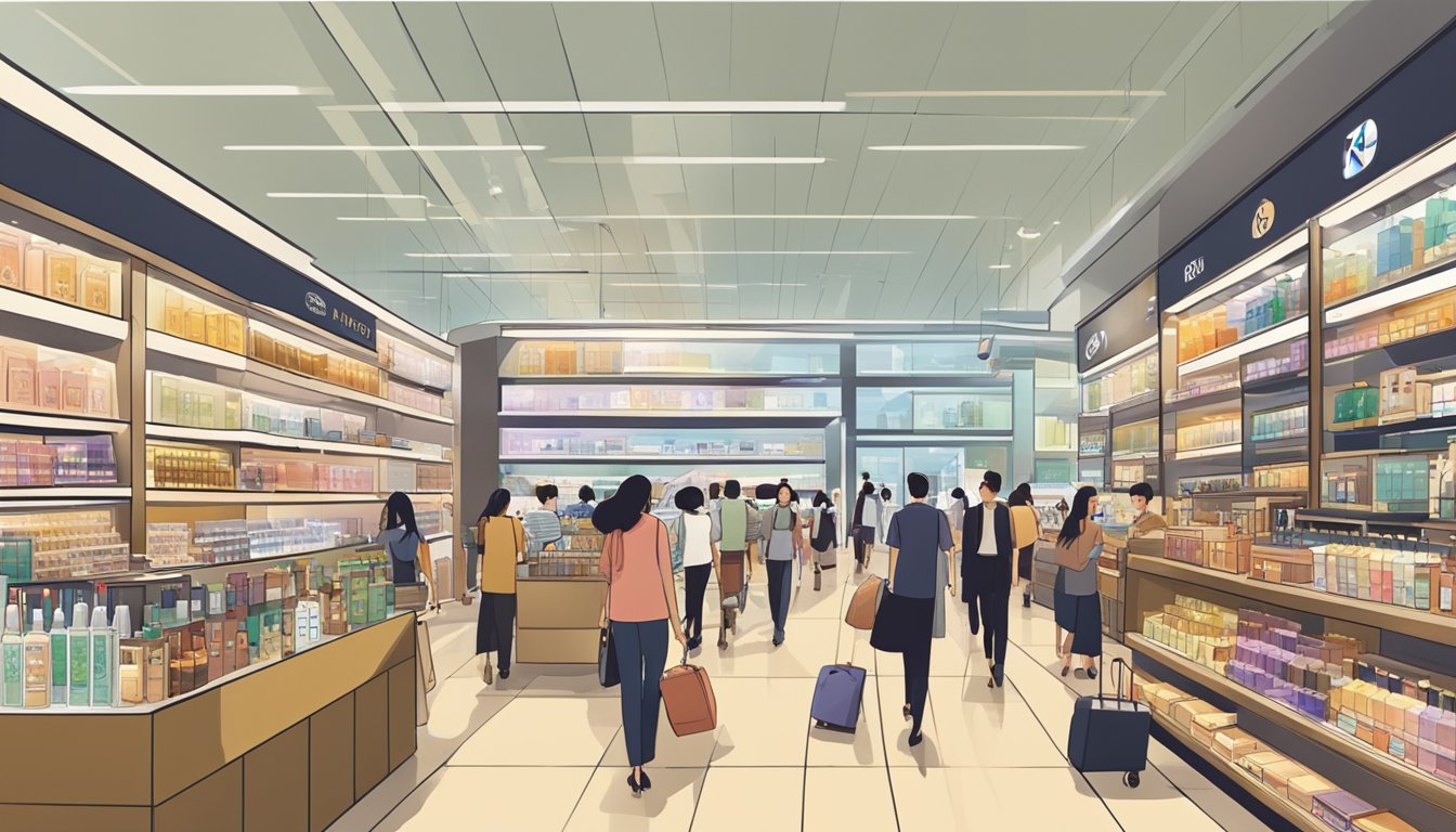 A bustling duty-free shop in Singapore, filled with rows of luxury goods, fragrances, and liquor. Brightly lit displays and eager shoppers browsing the tax-free items