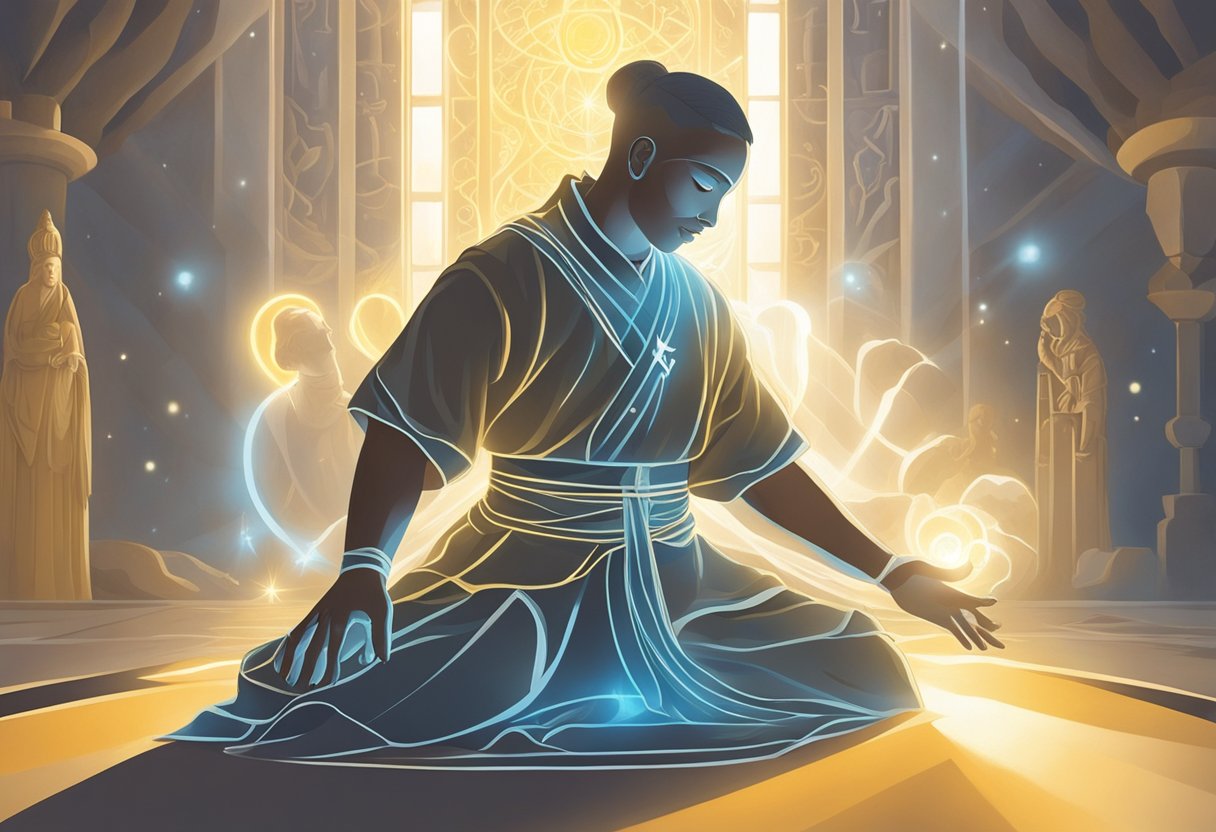 A figure kneels in a serene, sunlit space, surrounded by symbols of strength and hope. Rays of light shine down, illuminating the figure as they focus on their prayer for breakthrough and overcoming obstacles