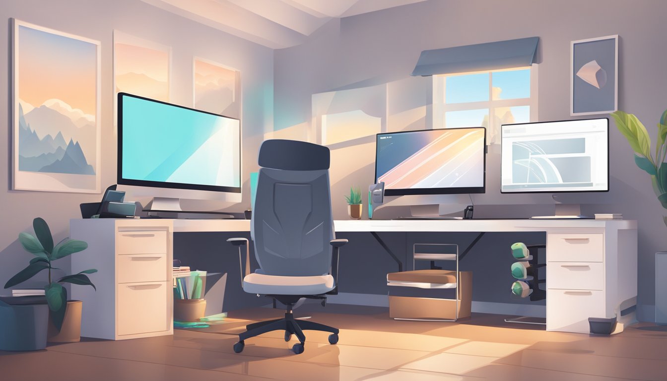 A clutter-free desk with a sleek, modern desktop computer, keyboard, and mouse. A comfortable chair and good lighting complete the setup